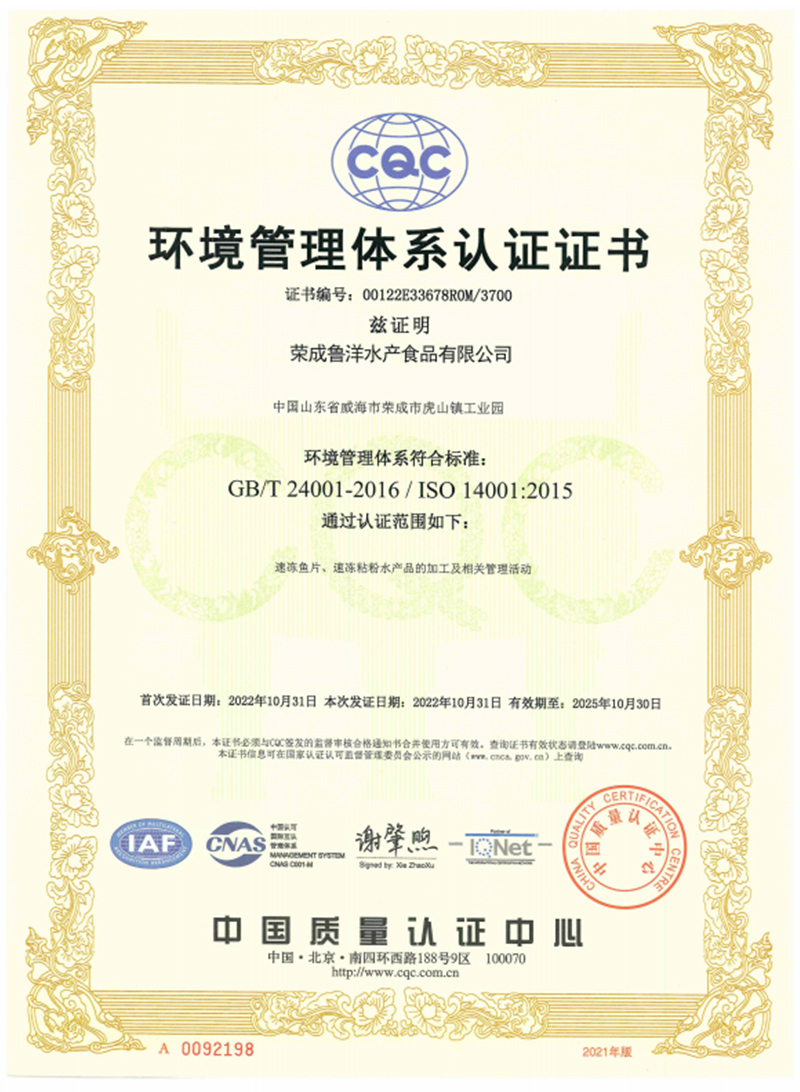 環(huán)境管理體系認證證書